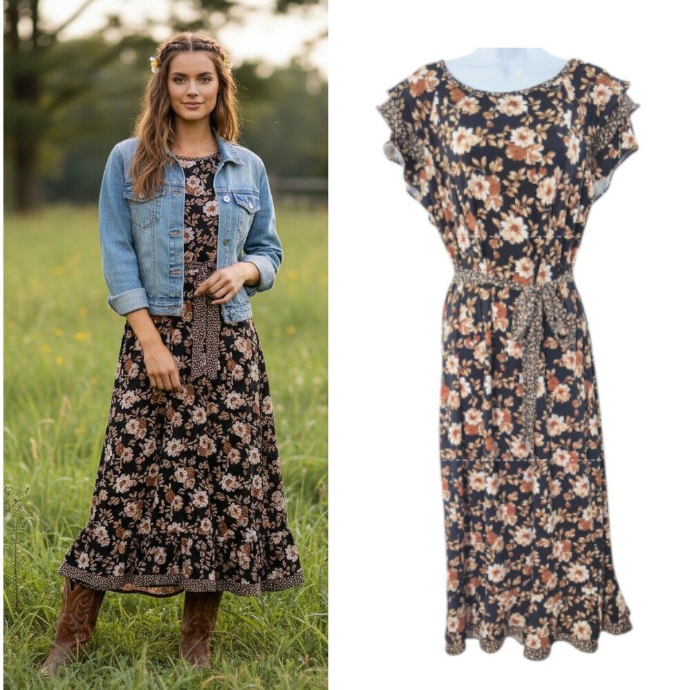 Cottagecore Midi Dress Women's Sz L Black Floral Stretch Knit Belted Cap Sleeve